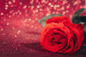 Red rose on a shining background. Valentine's day concept, place for text. photo