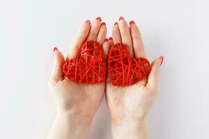 Two hearts in the palms on a white background. photo