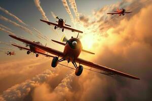 AI generated A squadron of propeller planes paints the sky photo