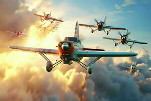 AI generated A squadron of propeller planes paints the sky photo