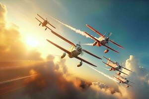 AI generated A squadron of propeller planes paints the sky photo