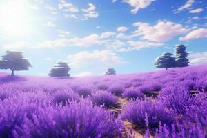 AI generated A summer day in a lavender field with trees photo
