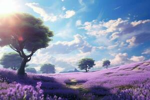 AI generated A summer day in a lavender field with trees photo