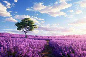 AI generated A summer day in a lavender field with trees photo
