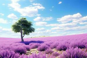 AI generated A summer day in a lavender field with trees photo