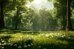 AI generated A sunlit meadow surrounded by diverse trees photo