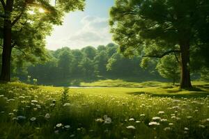 AI generated A sunlit meadow surrounded by diverse trees photo