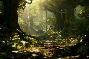 AI generated A sundappled forest scene with a variety of tree photo