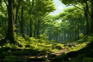 ai generado un manchado de sol bosque escena con un variedad de árbol foto