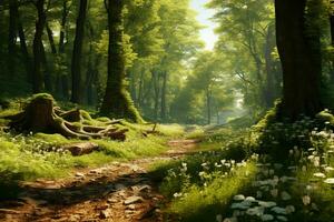AI generated A sundappled forest scene with a variety of tree photo