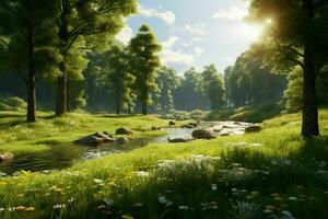 AI generated A sunlit meadow surrounded by diverse trees photo