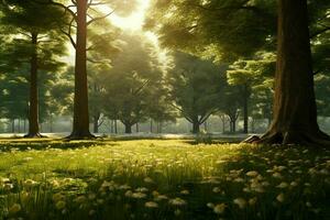 AI generated A sunlit meadow surrounded by diverse trees photo