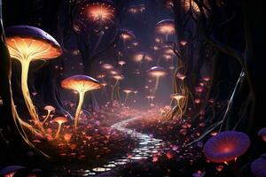 AI generated A surreal fantasy forest with whimsical glowing photo