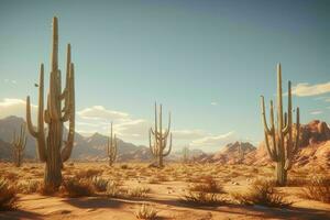 AI generated A surreal desert landscape with saguaro cacti photo