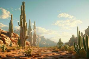 AI generated A surreal desert landscape with saguaro cacti photo