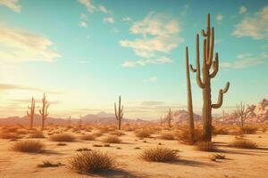 AI generated A surreal desert landscape with saguaro cacti photo