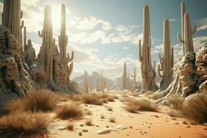 AI generated A surreal desert landscape with saguaro cacti photo