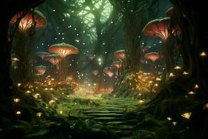ai generado un surrealista fantasía bosque con caprichoso brillante foto