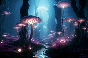 AI generated A surreal fantasy forest with whimsical glowing photo