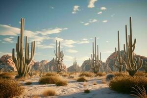 AI generated A surreal desert landscape with saguaro cacti photo