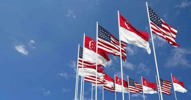 United States and Singapore Flags Waving Together in the Sky, Seamless Loop in Wind, Space on Left Side for Design or Information, 3D Rendering video