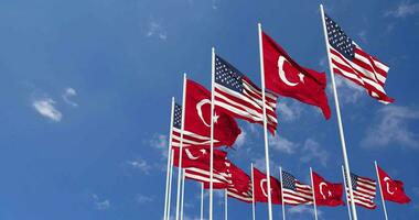 United States and Turkey Flags Waving Together in the Sky, Seamless Loop in Wind, Space on Left Side for Design or Information, 3D Rendering video