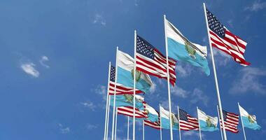 United States and San Marino Flags Waving Together in the Sky, Seamless Loop in Wind, Space on Left Side for Design or Information, 3D Rendering video