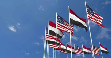 United States and Yemen Flags Waving Together in the Sky, Seamless Loop in Wind, Space on Left Side for Design or Information, 3D Rendering video