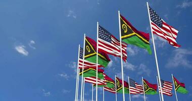 United States and Vanuatu Flags Waving Together in the Sky, Seamless Loop in Wind, Space on Left Side for Design or Information, 3D Rendering video