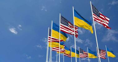 United States and Ukraine Flags Waving Together in the Sky, Seamless Loop in Wind, Space on Left Side for Design or Information, 3D Rendering video