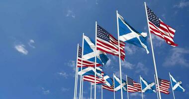 United States and Scotland Flags Waving Together in the Sky, Seamless Loop in Wind, Space on Left Side for Design or Information, 3D Rendering video