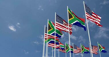 United States and South Africa Flags Waving Together in the Sky, Seamless Loop in Wind, Space on Left Side for Design or Information, 3D Rendering video
