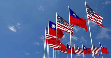 United States and Taiwan Flags Waving Together in the Sky, Seamless Loop in Wind, Space on Left Side for Design or Information, 3D Rendering video