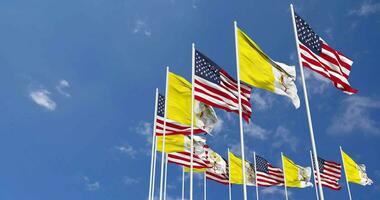 United States and Vatican City Flags Waving Together in the Sky, Seamless Loop in Wind, Space on Left Side for Design or Information, 3D Rendering video
