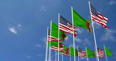 United States and Zambia Flags Waving Together in the Sky, Seamless Loop in Wind, Space on Left Side for Design or Information, 3D Rendering video