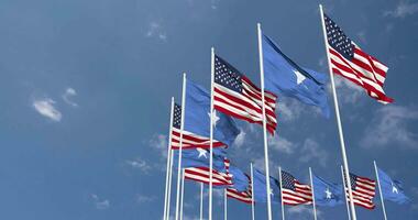 United States and Somalia Flags Waving Together in the Sky, Seamless Loop in Wind, Space on Left Side for Design or Information, 3D Rendering video