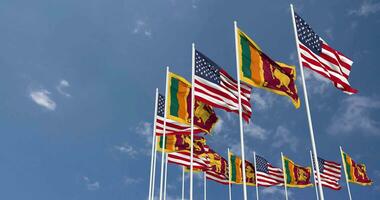 United States and Sri Lanka Flags Waving Together in the Sky, Seamless Loop in Wind, Space on Left Side for Design or Information, 3D Rendering video