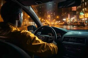 ai generado un Taxi conductor navegando el paisaje urbano a noche foto