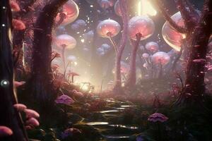 AI generated A surreal fantasy forest with whimsical glowing photo