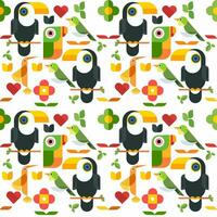 Seamless pattern with jungle birds such as hummingbirds, parrots, toucans and other small birds, with leaf and flower ornaments. Vector illustration, very suitable for backdrops, wrapping paper,