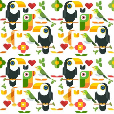Seamless pattern with jungle birds such as hummingbirds, parrots, toucans and other small birds, with leaf and flower ornaments. Vector illustration, very suitable for backdrops, wrapping paper,