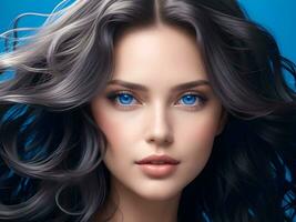 AI generated A woman with wavy glossy hair and stunning blue eyes ai generate photo