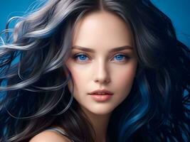 ai generado un mujer con ondulado lustroso pelo y maravilloso azul ojos ai generar foto