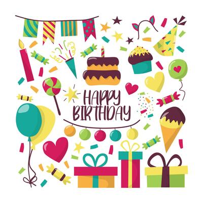 Happy Birthday items set. Flat style. Hand drawn vector elements for celebration such as flag, candy, candles, cake, cap, balloons, gift boxes, garland, ice cream, confetti, muffin, heart shape.