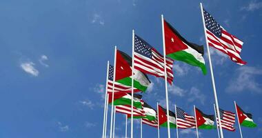 förenad stater och jordan flaggor vinka tillsammans i de himmel, sömlös slinga i vind, Plats på vänster sida för design eller information, 3d tolkning video