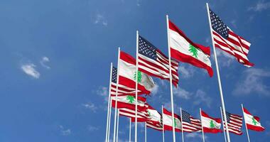 United States and Lebanon Flags Waving Together in the Sky, Seamless Loop in Wind, Space on Left Side for Design or Information, 3D Rendering video