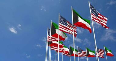 förenad stater och kuwait flaggor vinka tillsammans i de himmel, sömlös slinga i vind, Plats på vänster sida för design eller information, 3d tolkning video