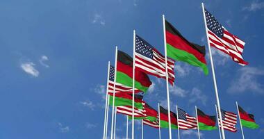 vereinigt Zustände und Malawi Flaggen winken zusammen im das Himmel, nahtlos Schleife im Wind, Raum auf links Seite zum Design oder Information, 3d Rendern video
