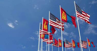 United States and Mongolia Flags Waving Together in the Sky, Seamless Loop in Wind, Space on Left Side for Design or Information, 3D Rendering video