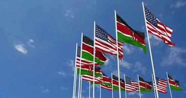 United States and Kenya Flags Waving Together in the Sky, Seamless Loop in Wind, Space on Left Side for Design or Information, 3D Rendering video